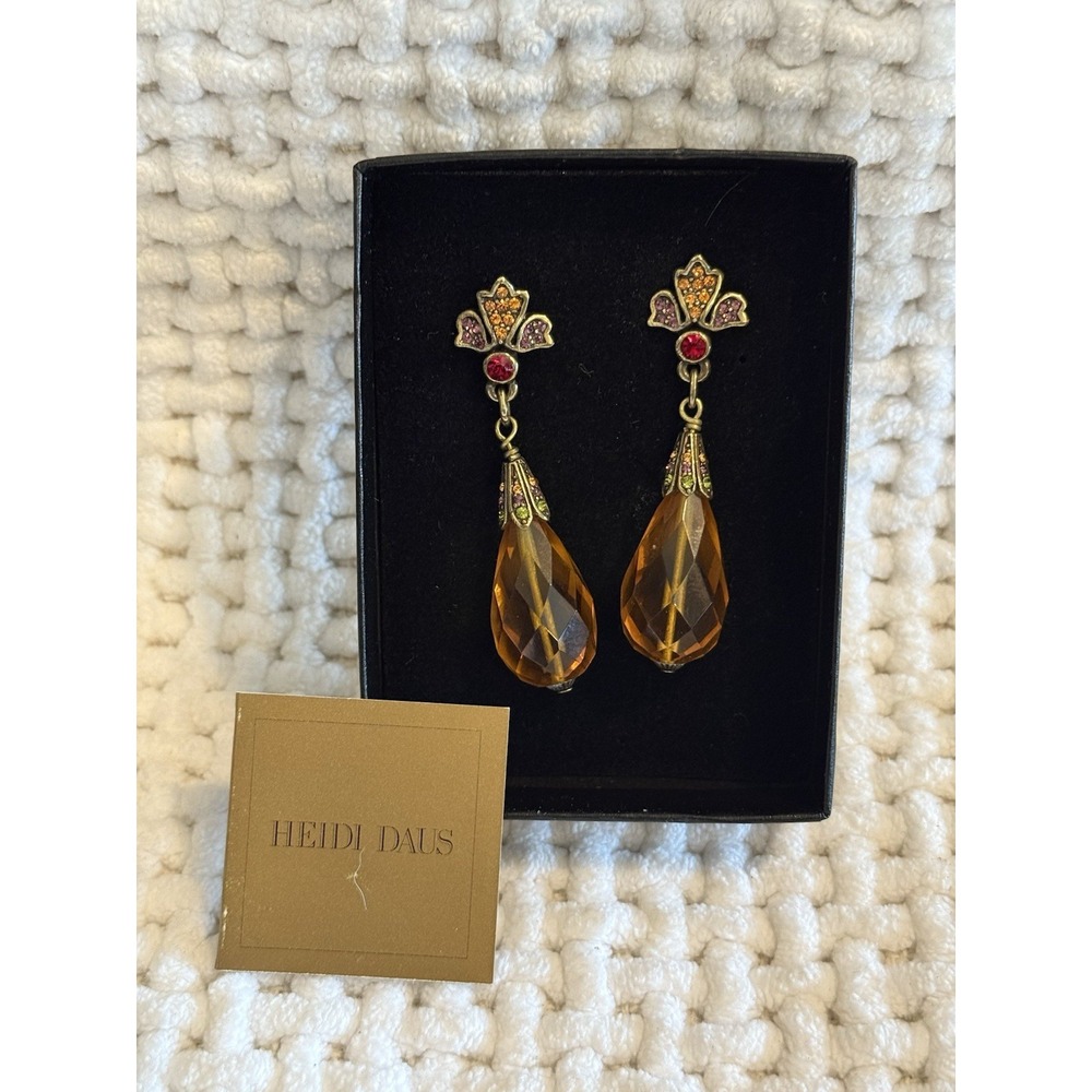 Heidi Daus Large Amber Topaz Drop Earrings Crystal Floral Statement 526670